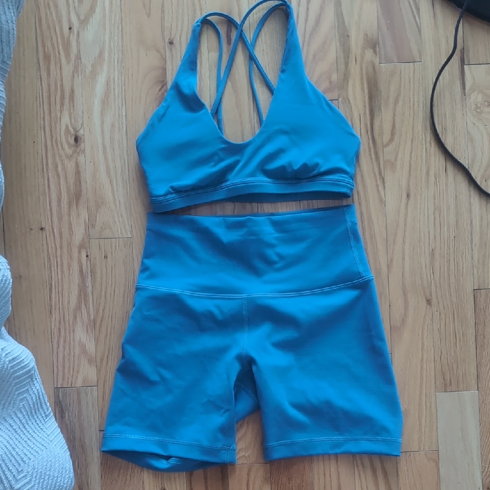 Blue Strappy Sports Bra and Shorts Set